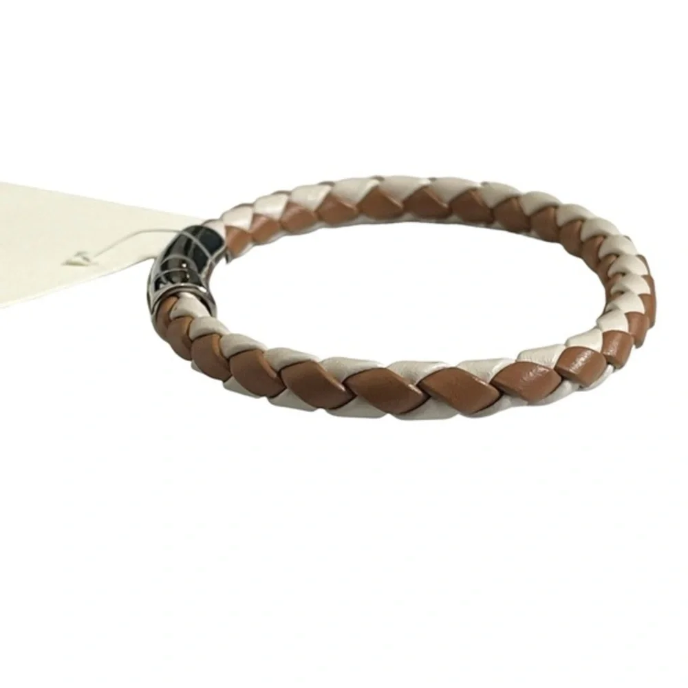 Fendi NWT Braided‎ Leather Bracelet Large Saddle Camelia Palladium Clasp